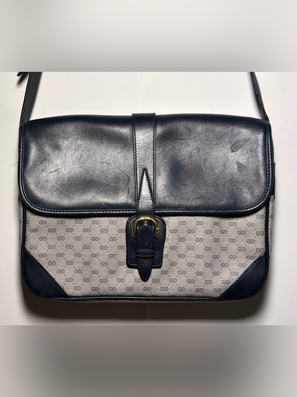 Vintage Gucci Navy Blue Leather  GG Canvas Shoulder Bag